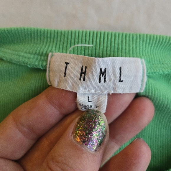 THML Kelly Green Ribbed Tank Top Pleated Ruffle Sleeves L - Picture 2 of 9